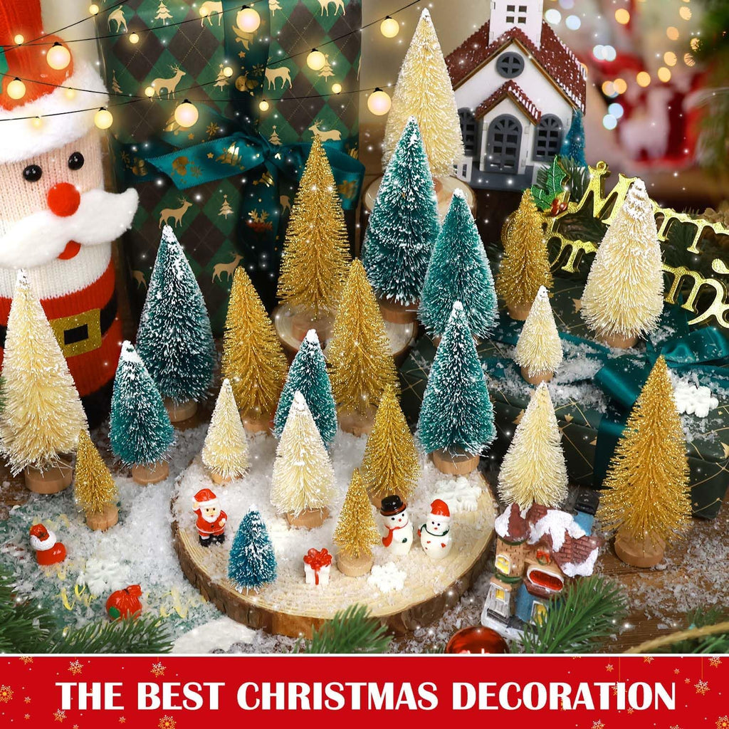 Skiennix Mini Christmas Trees - 30 Pcs Artificial Bottle Brush Trees with Wooden Base | 5 Sizes for Holiday Decor