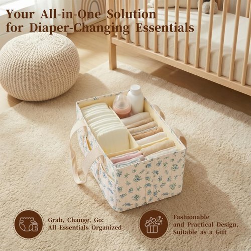 Lemoobolsa Baby Diaper Caddy Organizer with Portable Changing Mat-Portable Baby Organizers and Storage, Gift for Baby Shower, Baby Essentials Organizer with Removable Dividers (Blue Floral)
