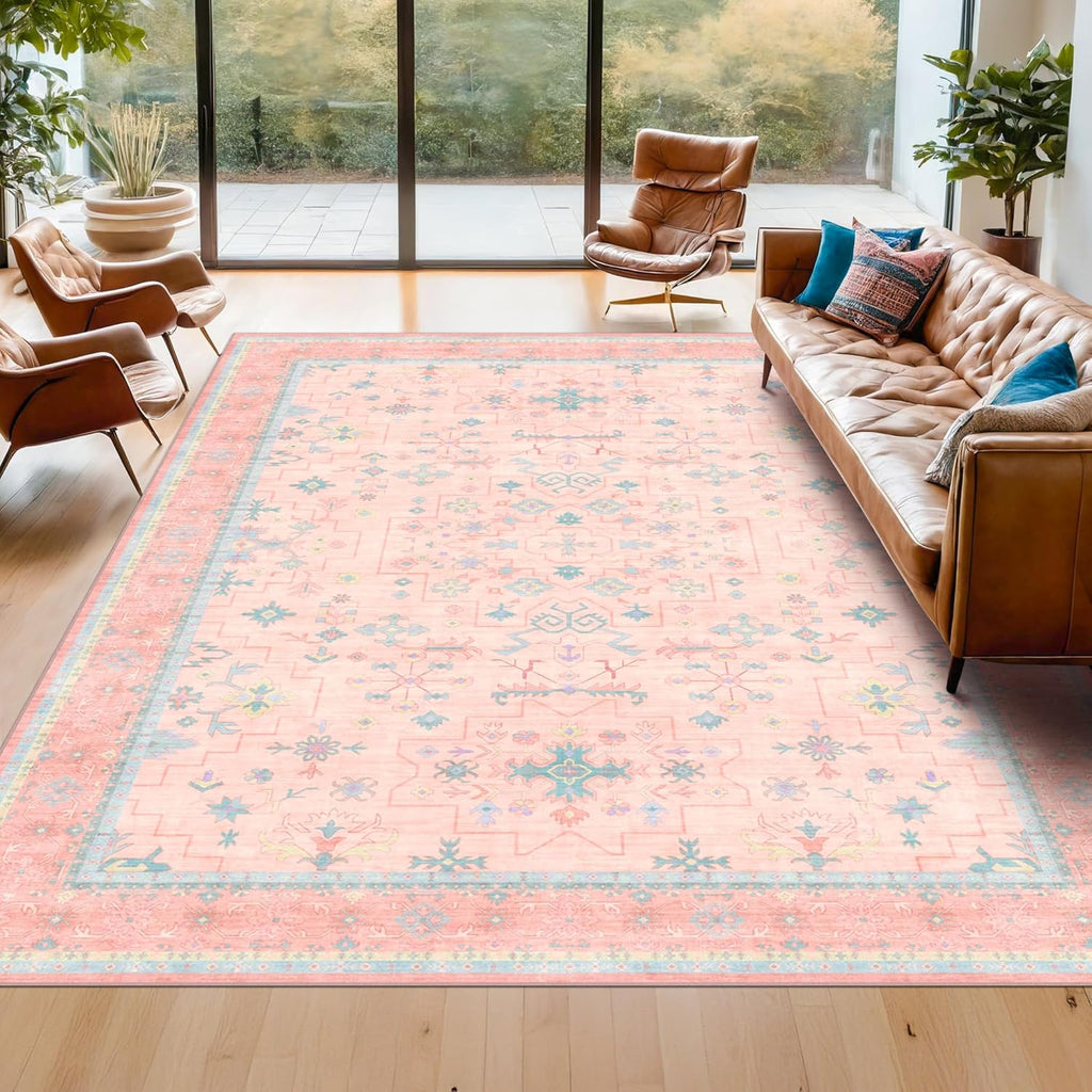 Skiennix Boho Area Rug - Washable Pink & Blue Floral Design | Soft Low Pile 7x9 for Kids' Rooms