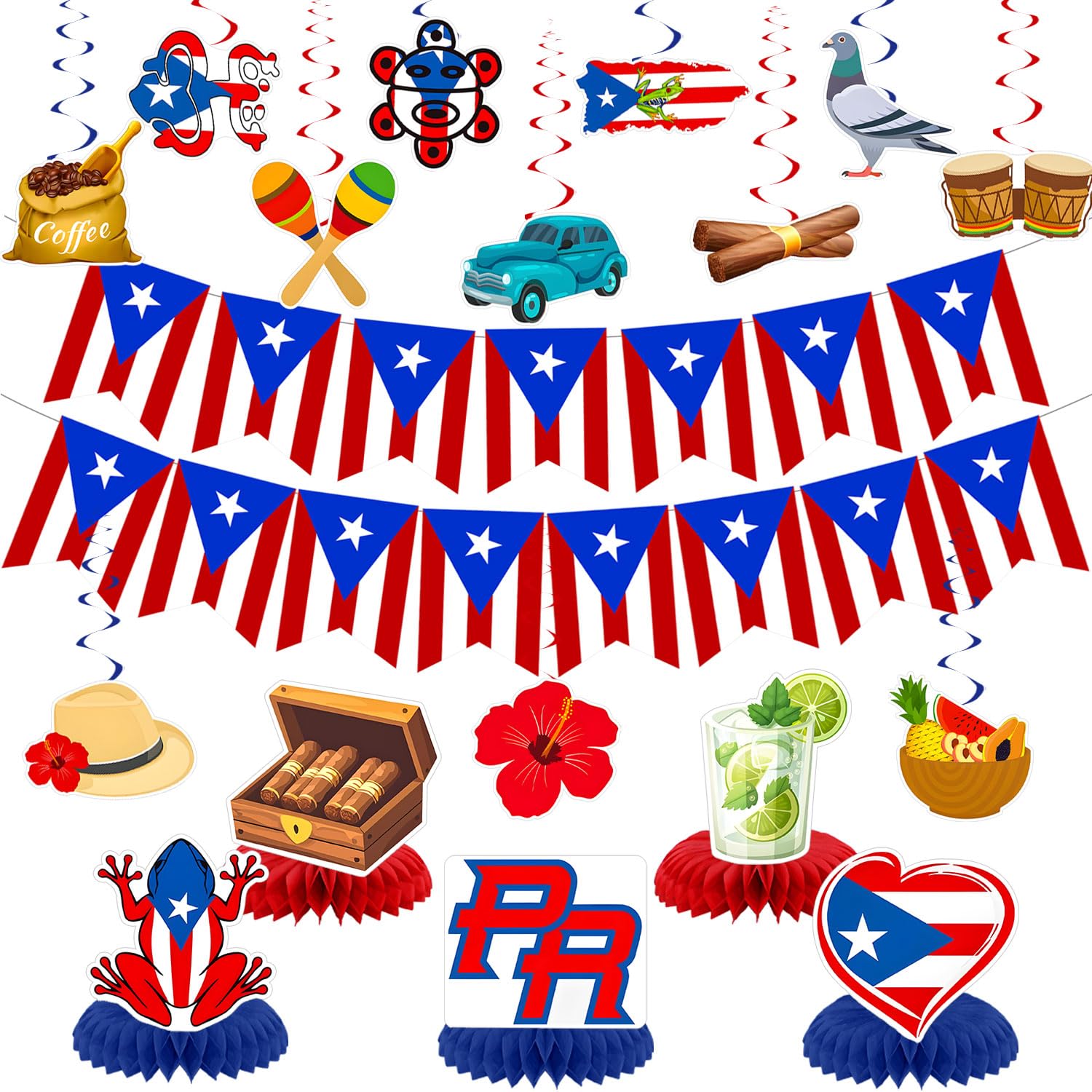 Puerto Rico Birthday Party Decorations, Puerto Rican Flag Banners Party Decorations for Patriotic Anniversary Veterans Day Decor
