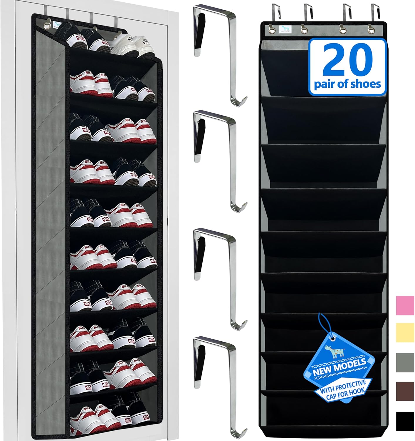 Skiennix Shoe Organizer - 70 lbs Capacity Over The Door Rack | 10-Tier Anti-Scratch Design in Grey/Black