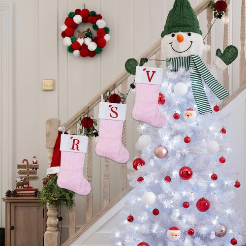 Shgngle Pink Knit Christmas Stockings Personalized, 19.5 Inches Embroidered Letter Christmas Stocking for Holiday Decorations and Xmas Gift(Initial A)