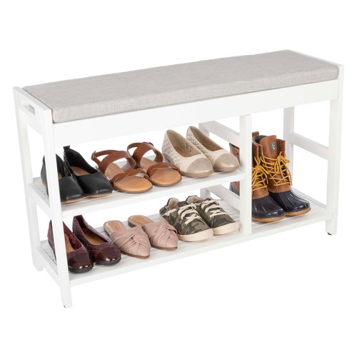 Lavish Home Shoe Bench - 3-Tier Wooden Shoe Rack for Entryway, Mudroom, or Bedroom - Entryway Shoe Storage with Padded Seat Cushion (White)