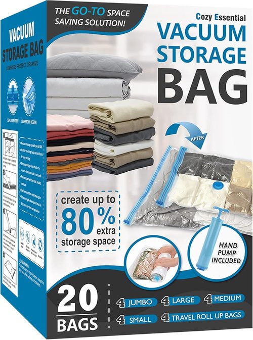 Cozy Essential Vacuum Storage Bags - 80% Compression Space Saver for Clothes & Bedding | 20-Pack Combo