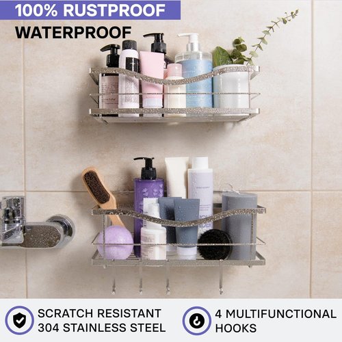 KINCMAX Premium Shower Caddy - Self-Adhesive Wall Organizer | Rustproof Stainless Steel, 2-Pack, Silver