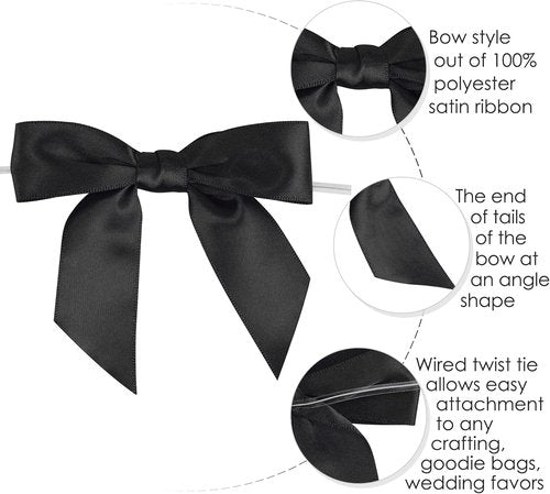 AIMUDI Black Satin Bows - 3.5" Premade Twist Tie Bows for Gift Wrapping & Party Decor | 50 Pack