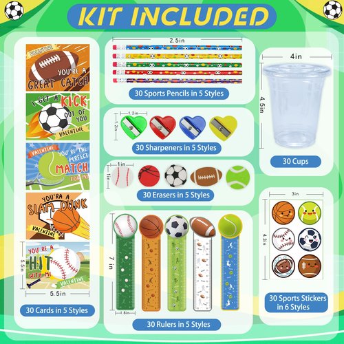 PaLeyFer 30 Pack-210+ Piece Sports Stationery Gift Set, Valentines Day Gifts Cards for Kids Classroom Exchange Prize, Valentine's Sports Party Favors with Cards Cups Pencils Rulers Stickers Erasers