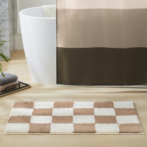 Luxury Microfiber Checkered Bath Mats, Beige and White Checkerboard Bathroom Rug Retro Boho Farmhouse Aesthetic Bath Decor for Bathroom, Tub, Sink, Shower, Anti Slip, Absorbent, Washable, 32x20