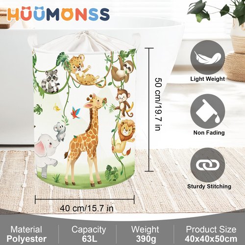 HUUMONSS Giraffes Baby Laundry Hamper with Handle Collapsible Clothes Kids Storage Basket Elephants Boys Girls Gift Toy Box Bin for Nursery Room, White, 63L