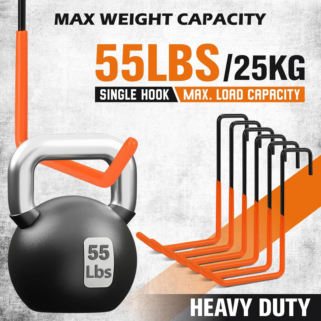Skiennix Heavy Duty Rafter Hanger Hooks - 6-Piece Set with 2 Extension Straps | Vinyl Coated Metal Garage Organizer (Orange)
