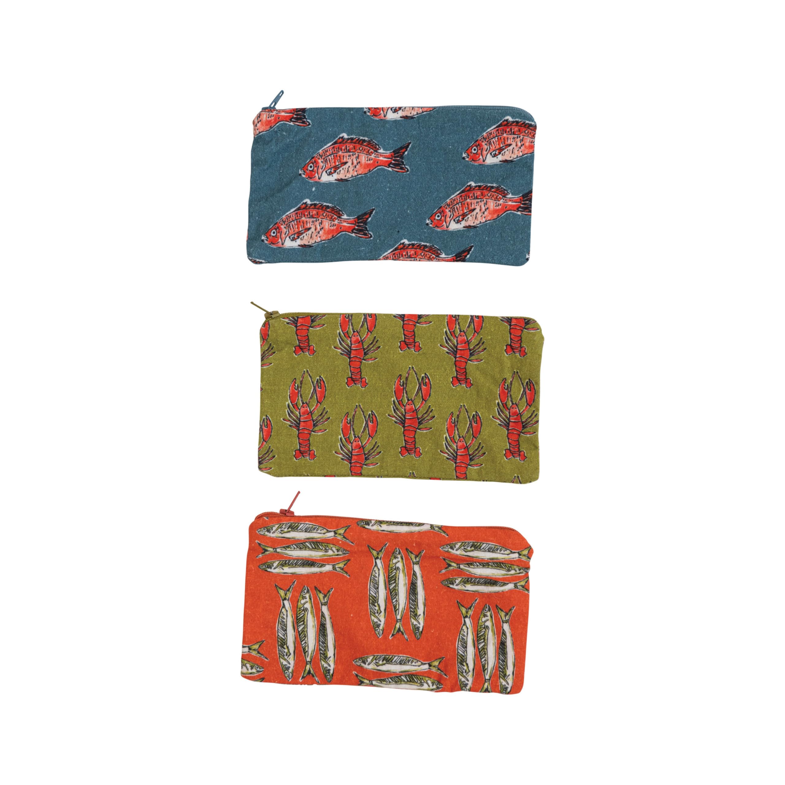 Creative Co-Op Cotton Zip Food Pouch with Sea Life Illustrations, Set of 3 Styles, Multicolor