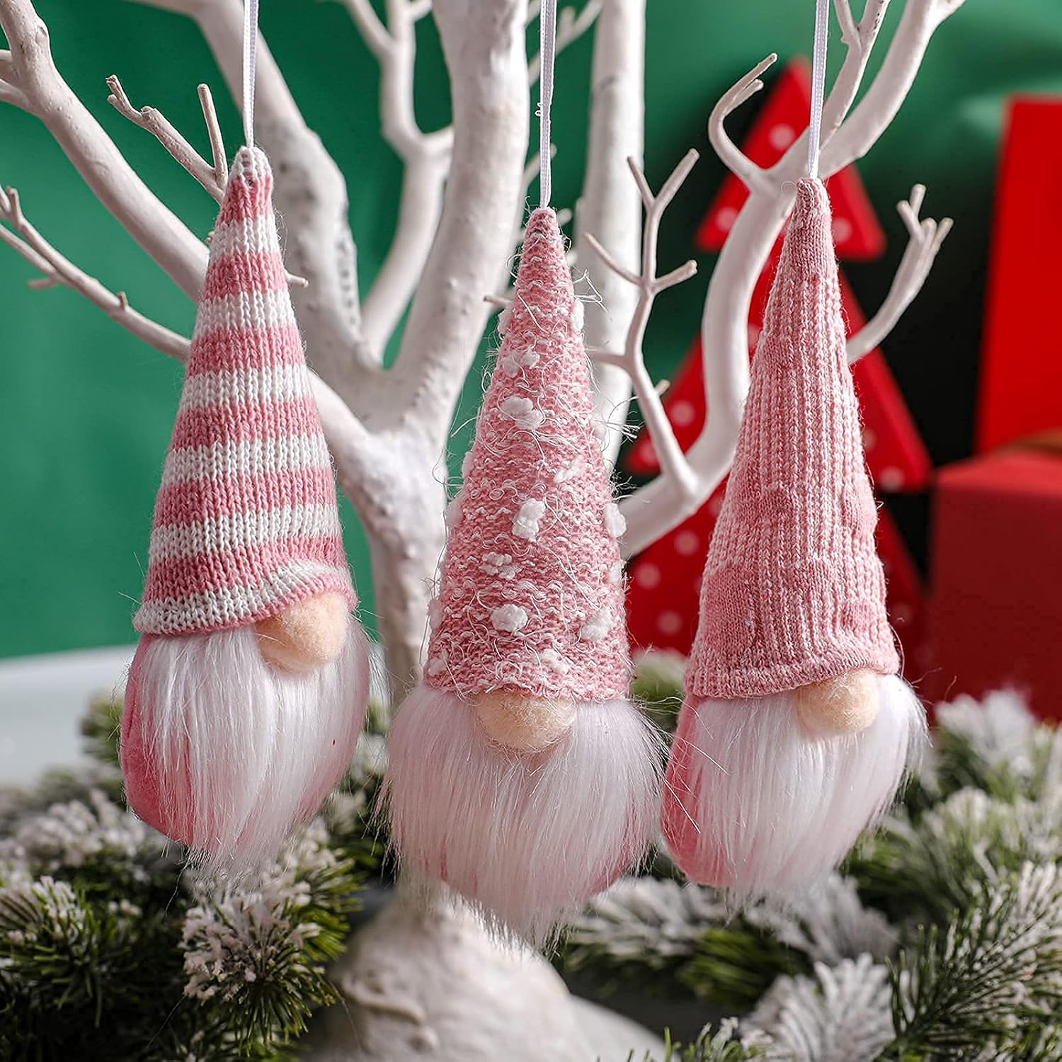 Skiennix Gnome Christmas Ornaments - Set of 3 Plush Tomte Santa Gnomes | Pink Holiday Decor