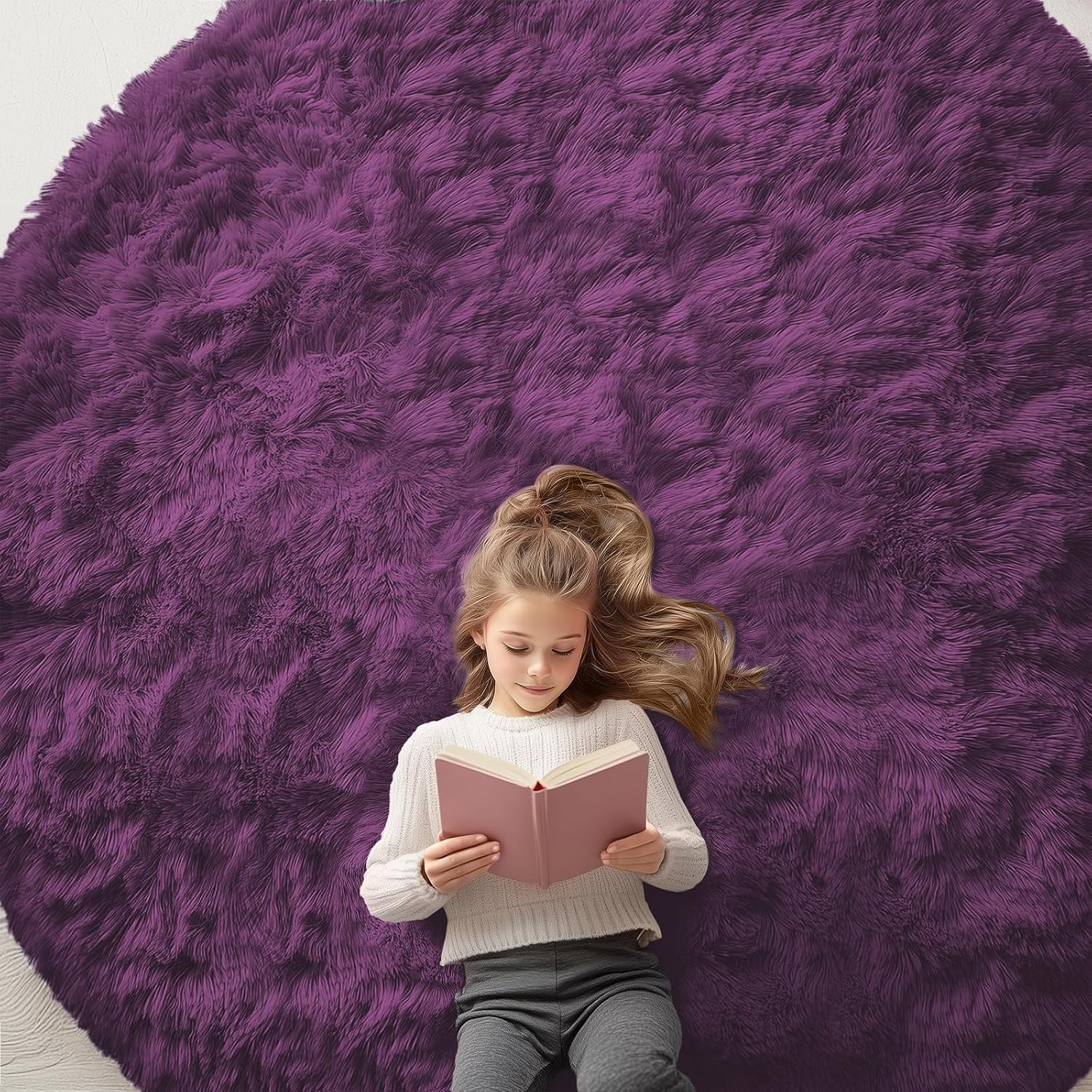 OLANLY Dark Purple Round Rug - Soft & Fluffy 8 ft Machine Washable Area Rug for Bedroom & Living Room Decor
