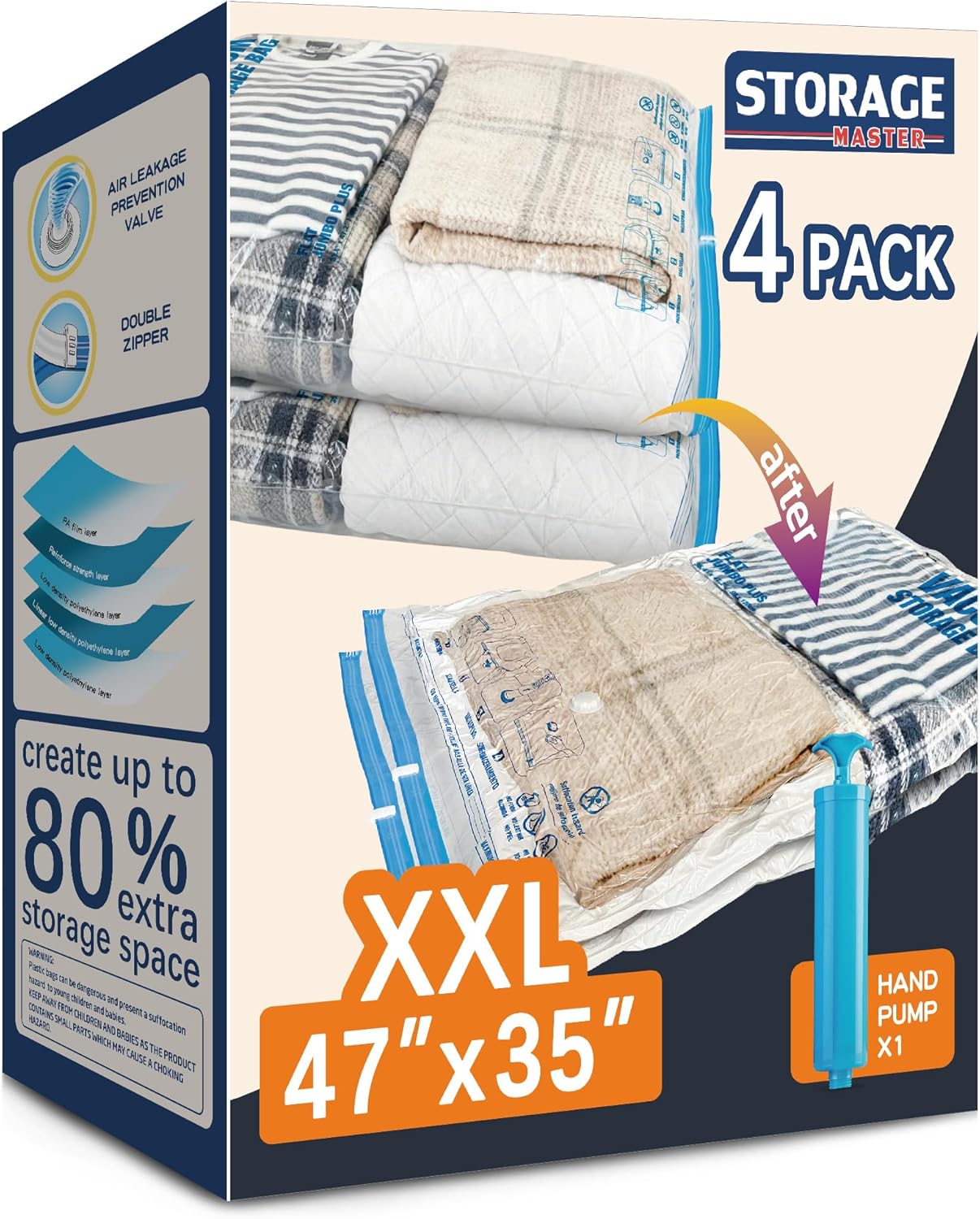 XXL Jumbo Vacuum Storage Bags - 47''X35'' Extra Large Space Bags for Bedding & Comforters (4-Pack)