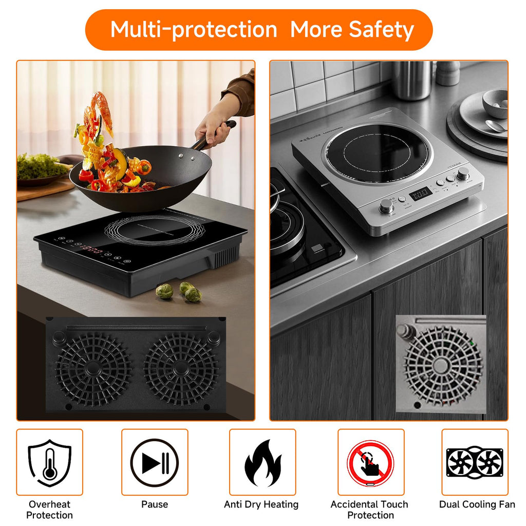 Portable Induction Burner, 1800W, Large 8” Heating Coi, Hot Plate Countertop Burner with Touch Panel, Power & Temp Adjustable, Hot Plate Cooker with 4-Hour Timerl