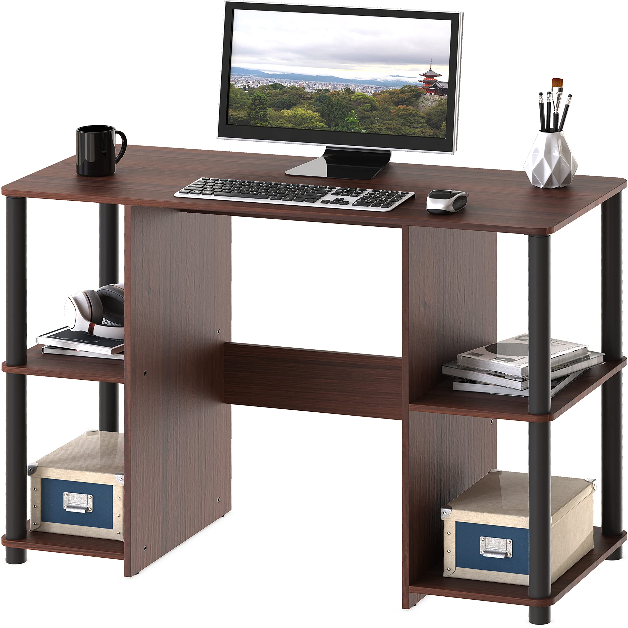 SHW 38-Inch Home Office Wood Desk with Double Sided Shelves, Cherry