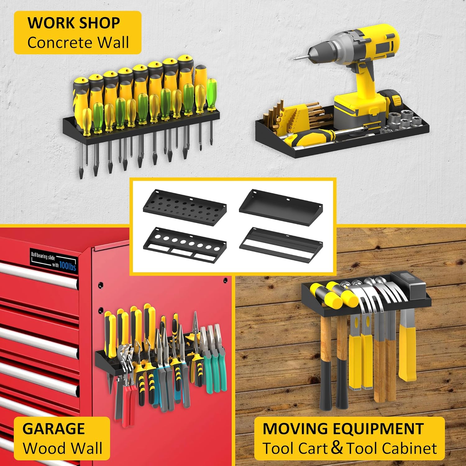 UNITEDPOWER Wall Mount Hand Tool Storage Set - Screwdriver Organizer & Pliers Holder | 4 Pack Metal Hardware Tray for Garage