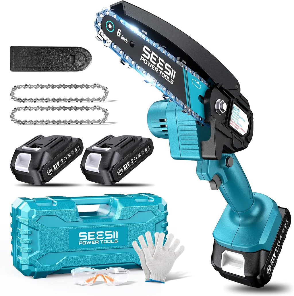 Seesii Mini Chainsaw - 6-Inch Cordless Electric Power Saw with 2 Batteries | Ideal for Tree Trimming & Wood Cutting