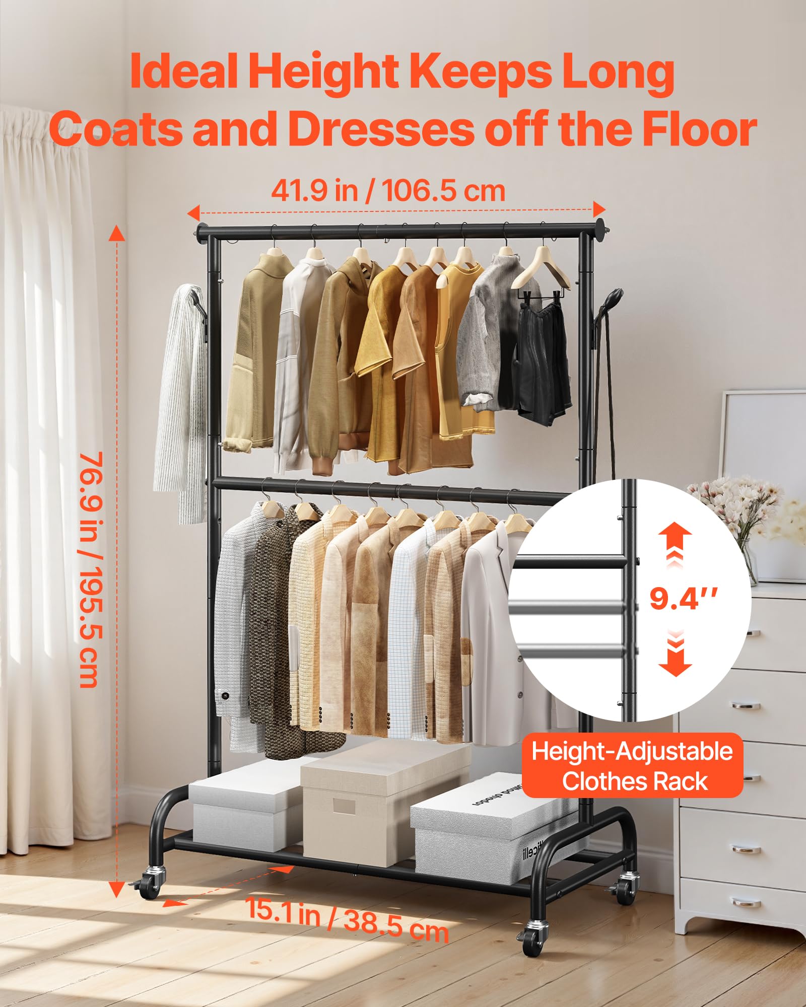 VEVOR Clothes Rack, Rolling Clothing Garment Rack with Adjustable Crossbar and Side Hooks, 150 lbs Load Capacity, Heavy Duty Carbon Steel Clothing Racks with Wheels for Bedroom, Laundry, Living Room