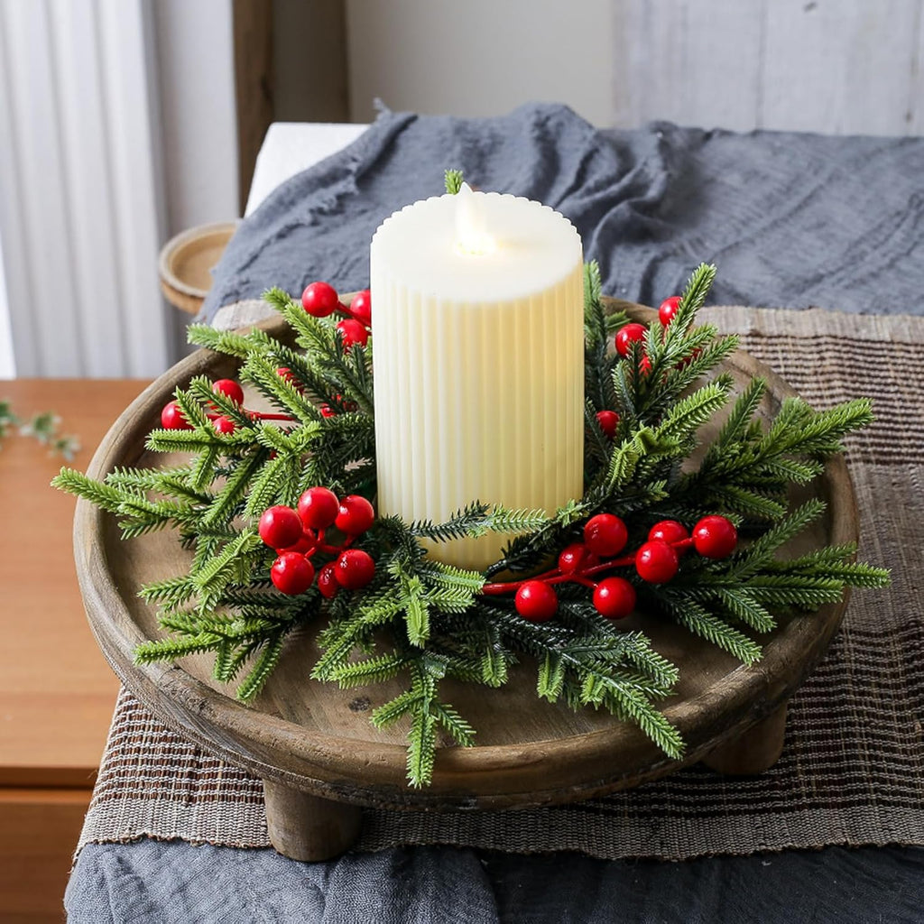 Skiennix Christmas Candle Rings - Festive Red Berries & Pine Needle Wreaths | 4PCS Holiday Decor