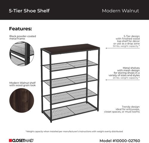 ClosetMaid 5-Tier Shoe Rack, Storage Organizer, with Wood Top Shelf, 4 Metal Mesh Shelves, for 15 Pairs of Shoes, Modern Walnut/Black