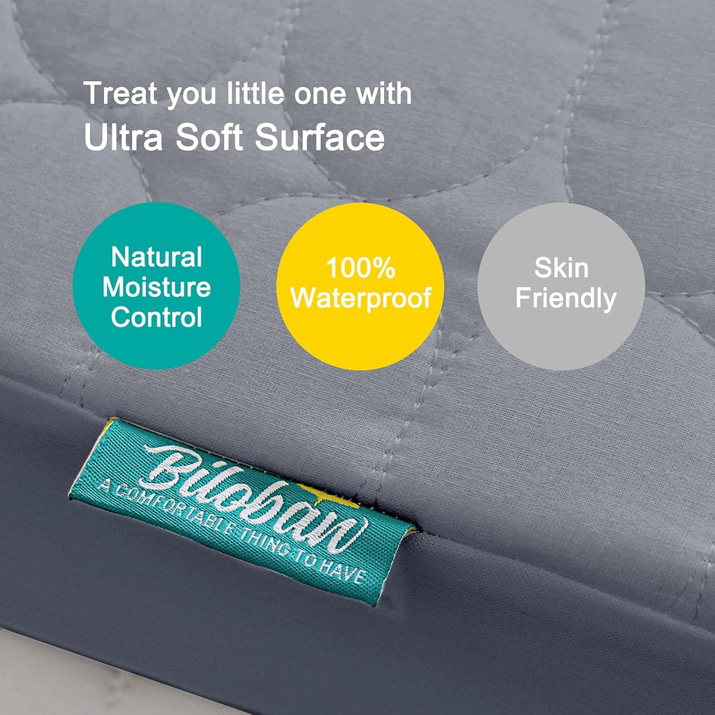Skiennix Crib Mattress Protector Sheets - Waterproof Quilted Pad Cover for Baby & Toddler | Grey & Pink, 52” x 28”