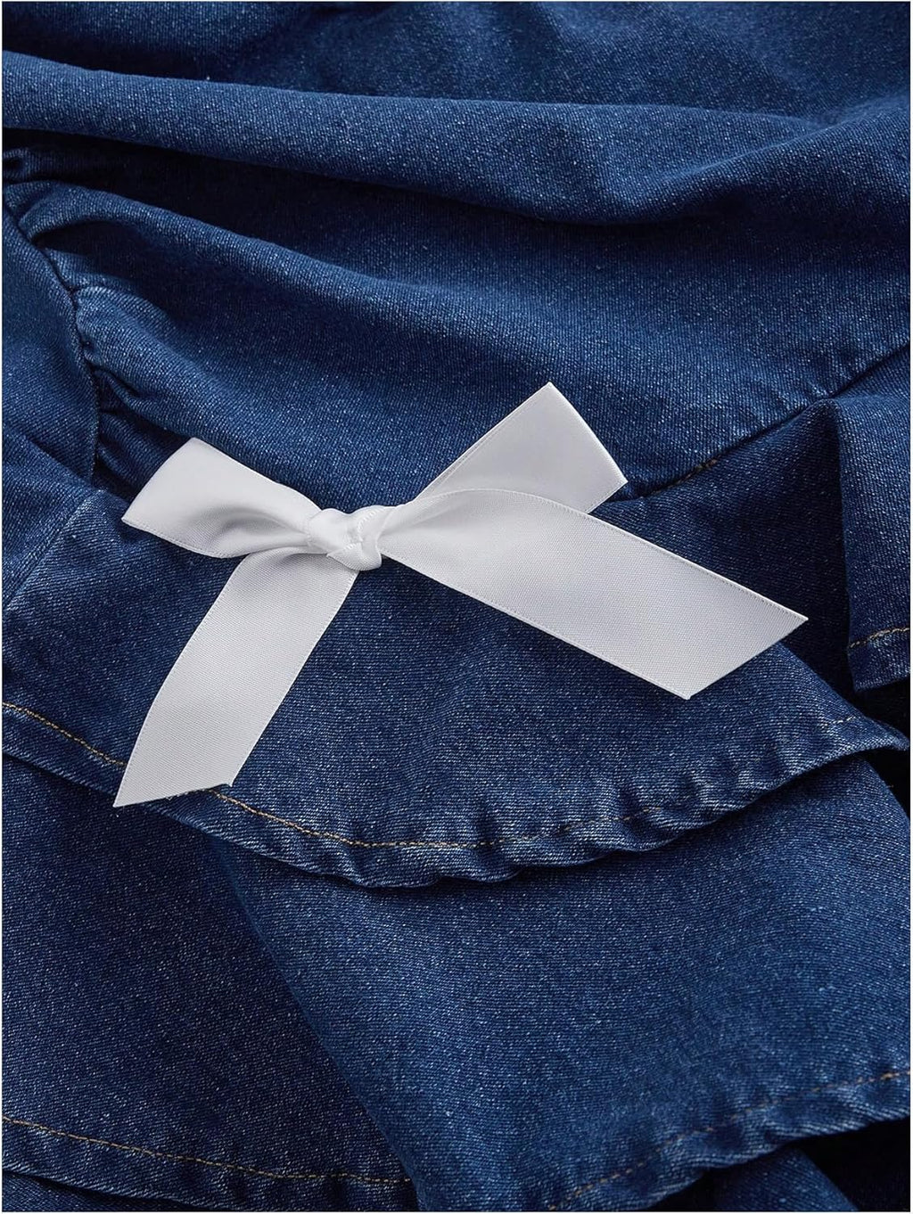 WDIRARA Strapless Denim Mini Dress - Layered Ruffle A-Line Design with Bow Detail