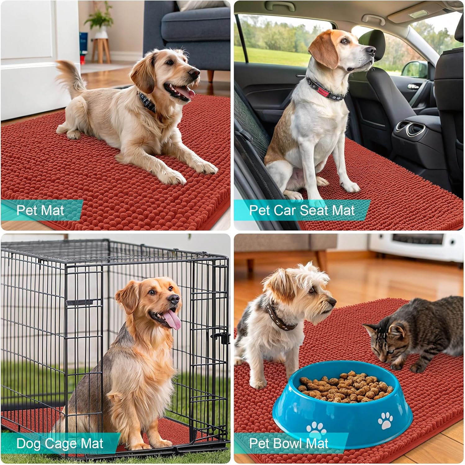 OLANLY Dog Door Mat - Absorbent Non-Slip Chenille Mat for Muddy Paws | 48x30, Quick Dry Maple Red