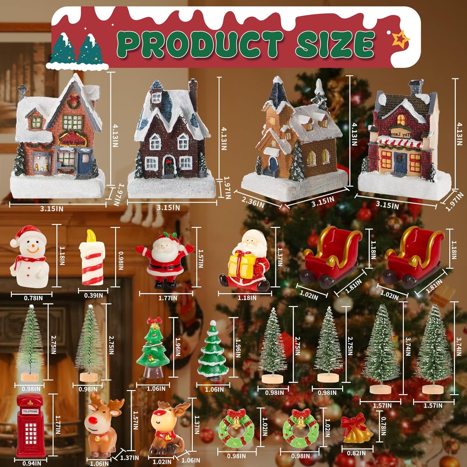 Skiennix 24-Piece Christmas Village Set - LED Light-Up Houses & Figurines for Festive Home Decor