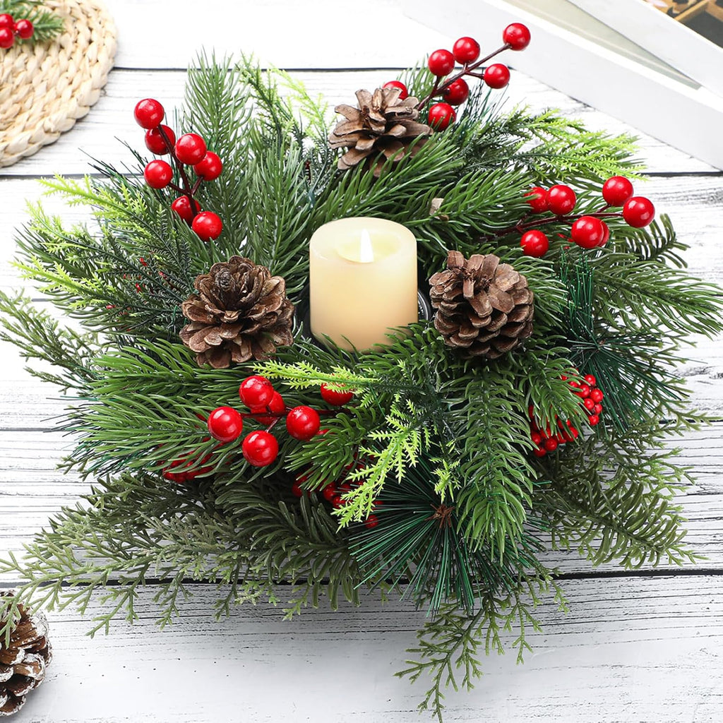 Mumufy Christmas Centerpiece Candle Holder - 12-Inch Mini Tabletop Decoration with Pine Cones & Red Berries