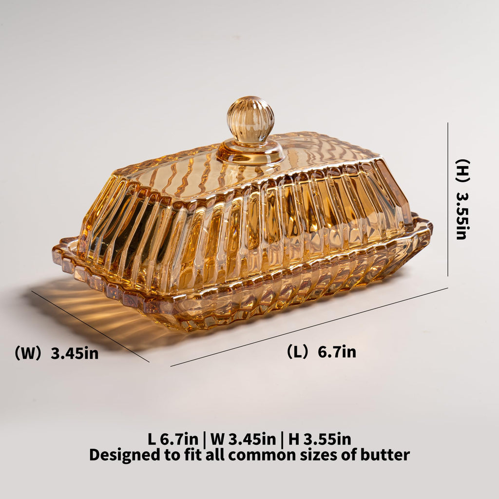 Champagne Color Glass Butter Dish with Lid, Covered Butter Stick Holder Tray, Crystal Glass Butter Storage Container for Kitchen Countertop