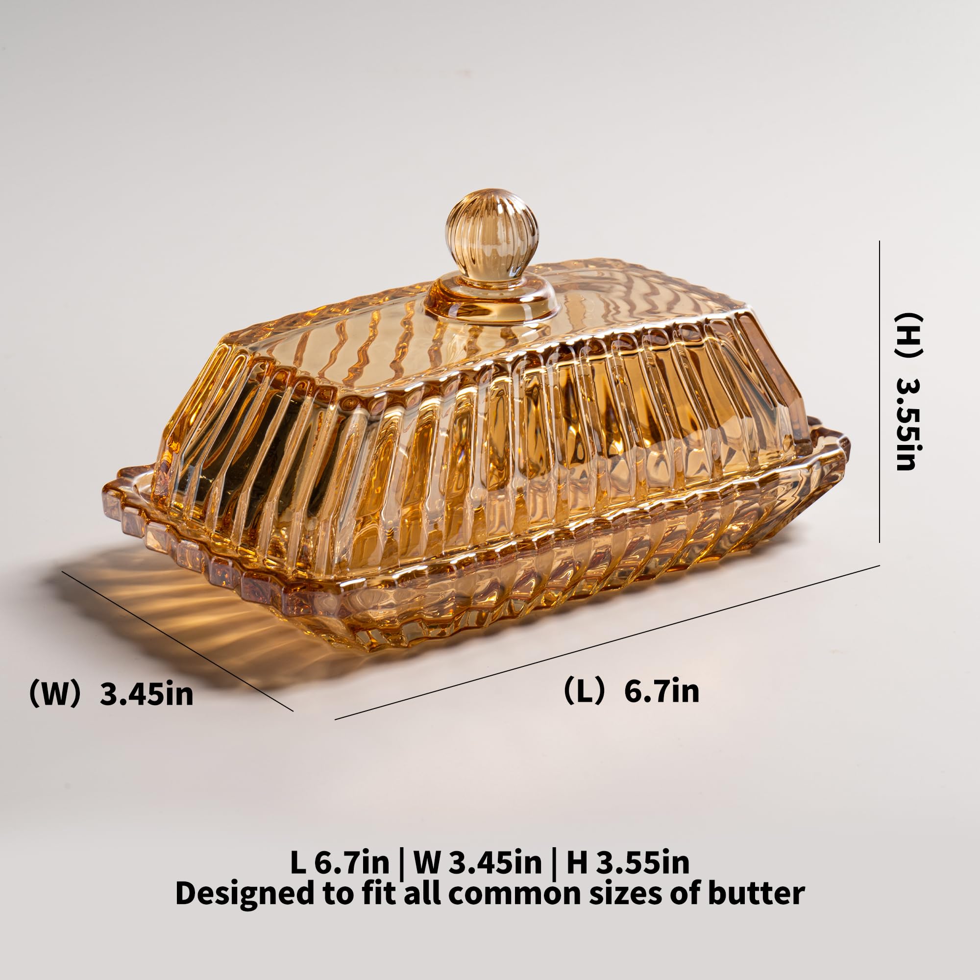 Champagne Color Glass Butter Dish with Lid, Covered Butter Stick Holder Tray, Crystal Glass Butter Storage Container for Kitchen Countertop