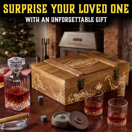 Whiskey Gift Set, 14 pcs - Whiskey Decanter + Wooden Smoker + Old Fashioned Glasses - 2 pcs, in Wooden Box with Wood Chips, Whiskey Stones 6 pcs Included - Gift for Men (Torch Not Included)