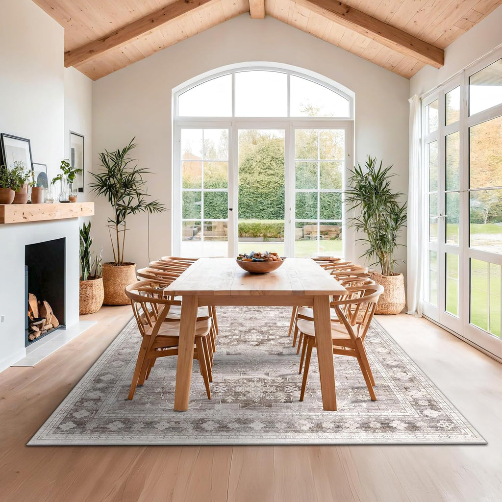 Skiennix Washable Area Rug - Large 8x10 Boho Vintage Floral Design | Stain Resistant & Non-Slip (Beige/Latte)