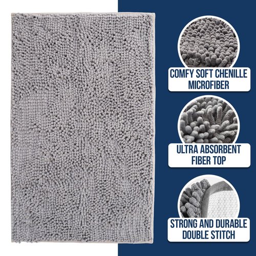 Muddy Mat Chenille Bathroom Rugs Quick Dry Microfiber Mats Non Slip Washable, Extra Thick, Soft and Highly Absorbent Bath Mats for Bathroom, Kitchen, and Shower Floor - Grey Medium 30"X19"