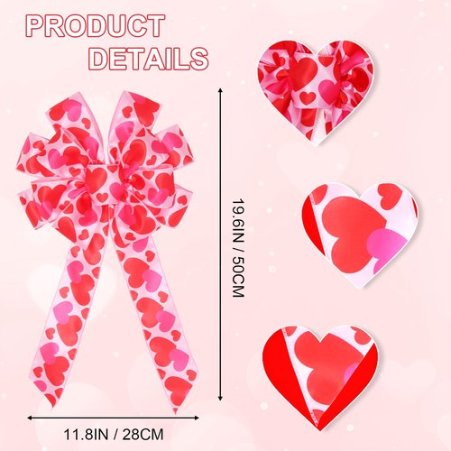 2Pcs Valentine's Day Bows, Pink Valentine's Day Wreath Bow With Heart Printed Gift Bow Tree Topper for Valentine's Day Wedding Holiday Mother's Day Front Door Wreath Indoor Outdoor Home Decorations