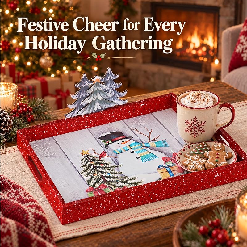 Christmas Serving Tray with Handles - 15.7 x 11.3 x 1.5 in, Red