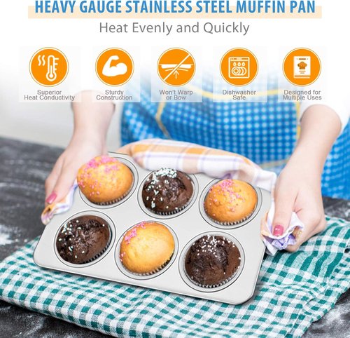 E-far Muffin Pan Set of 2 - Stainless Steel 6-Cup Baking Tray | Non-Toxic & Dishwasher Safe, Regular Size 11.44 x 7.12 x 1.25 Inch