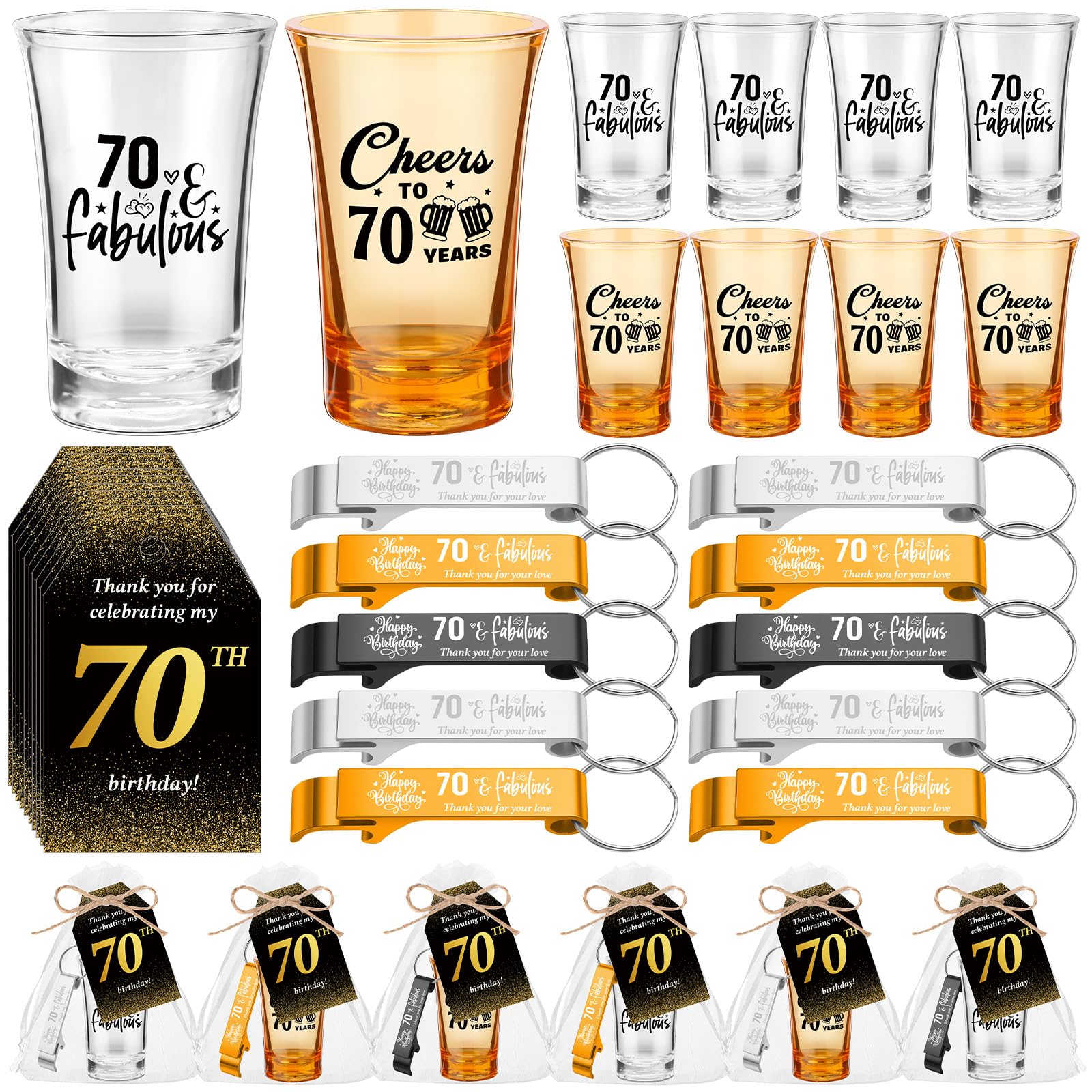 Domensi 50 Sets 70th Birthday Party for Guests Bulk Include Cheers to 70 Short Glasses Beer Bottle Opener Keychains Thank You Cards with Gift Bags and Ropes for Birthday Party Gifts
