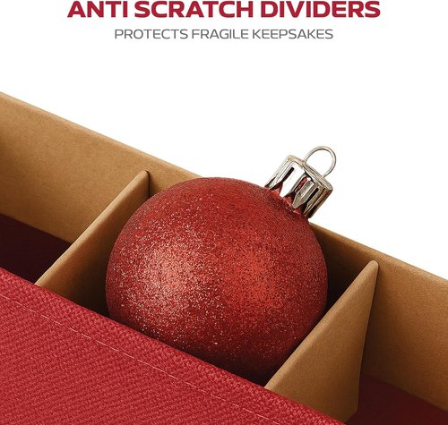 Christmas Ornament Storage Box - Large 128 Capacity with Adjustable Dividers & Dual Zipper | Stackable Red Fabric Organizer