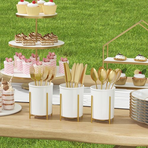 Lifewit Plastic Silverware Holder for Kitchen Countertop, Cutlery Flatware Caddy with Metal Bracket, Utensil Spoon Fork knives Organizer for Party Picnic, Gold, 3 Pack
