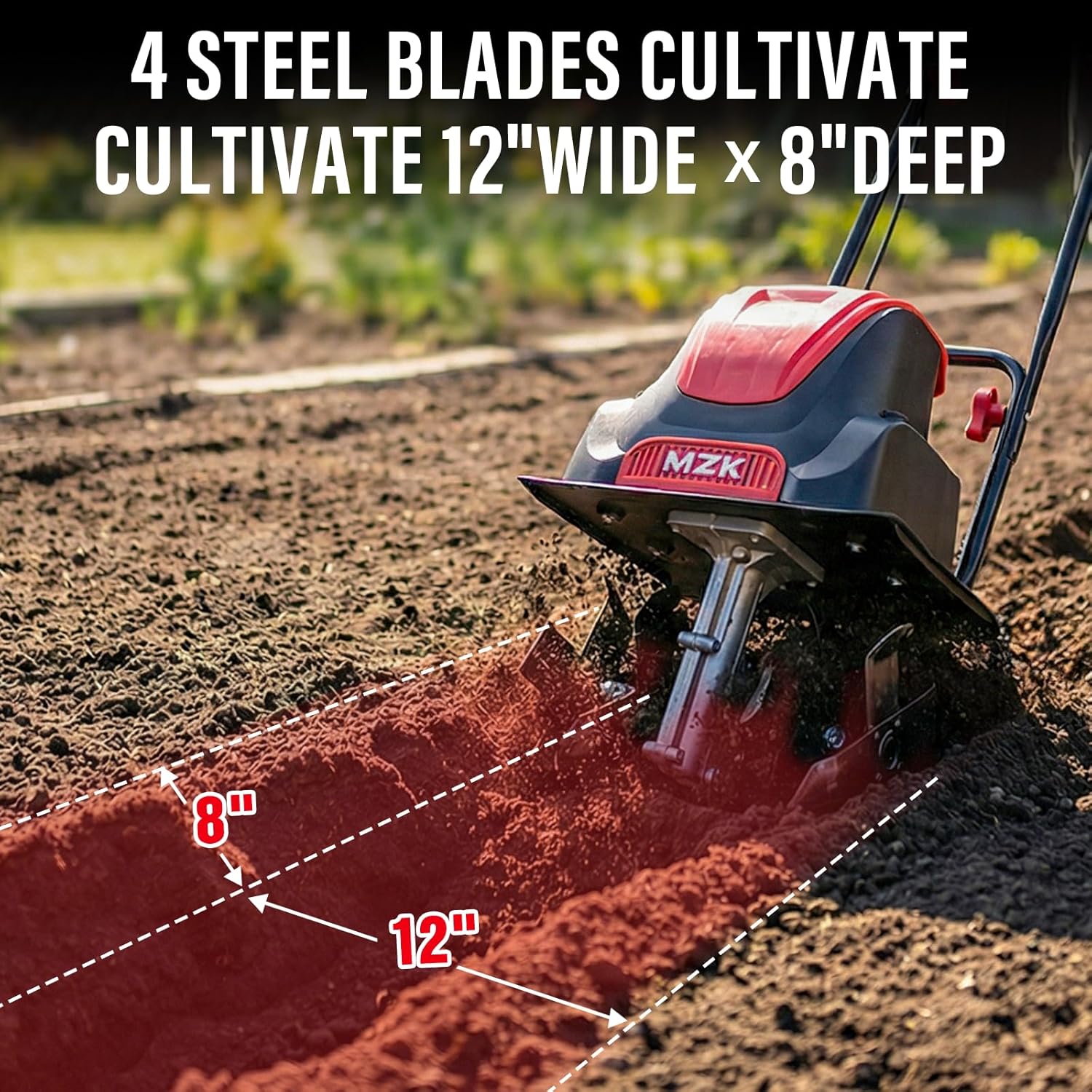 MZK Electric Tiller - 12-Inch 10.5 Amp Lightweight Cultivator for Easy Gardening | 8-Inch Tilling Depth