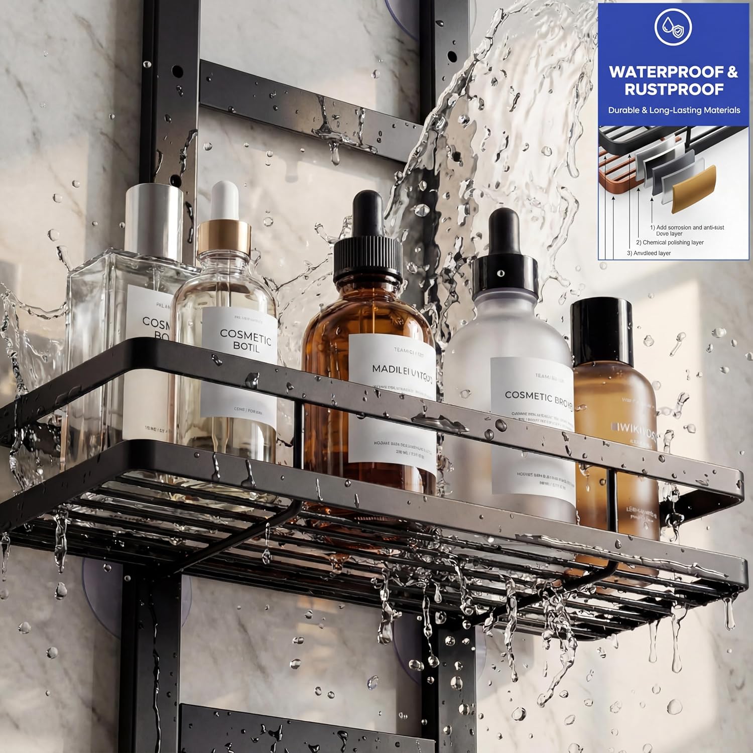 Skiennix Over The Door Shower Caddy - Rustproof 2-Tier Bathroom Organizer with Waterproof Phone Pouch - Black