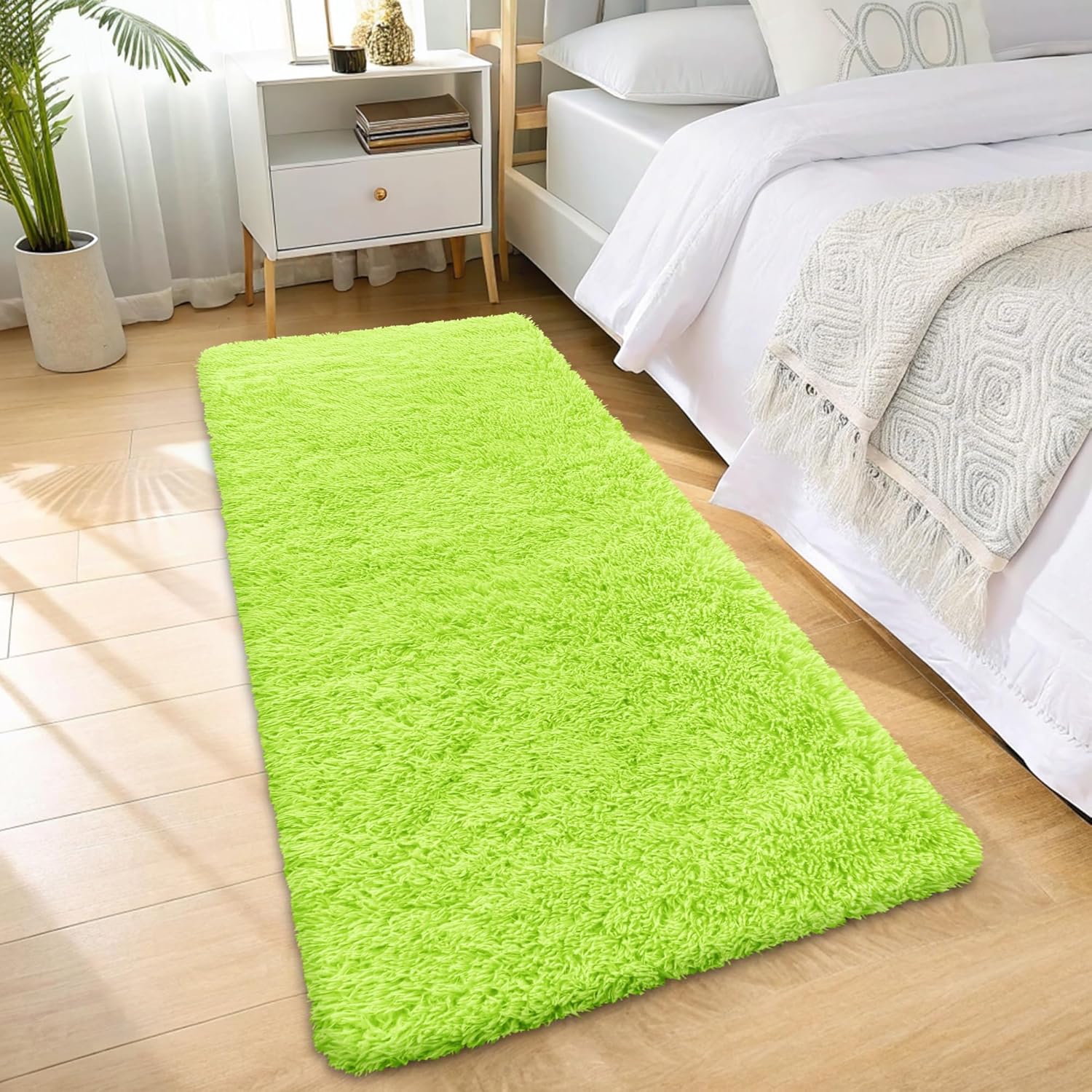 OLANLY Machine Washable 2x6 Runner Rug - Soft Fluffy Shaggy Design for Bedroom & Hallway | Lime Green Home Decor
