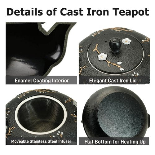 YJX 60.9oz Large Cast Iron Teapot for Stovetop, Japanese Tetsubin, Heavy and Durable Tea Pot, Tea Kettle with Stainless Steel Infuser for Loose Tea, Floral Pattern(1800ML)