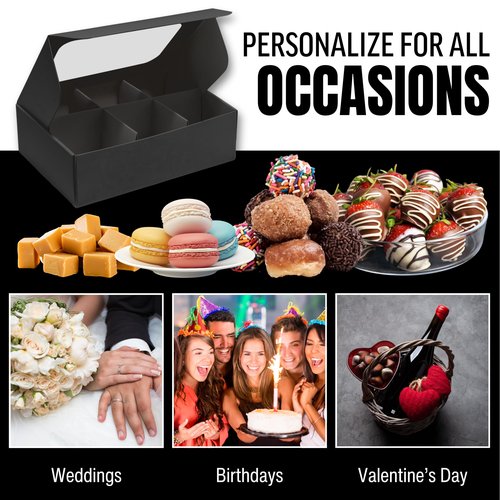 Modsy Baking - 100 pcs Black Mini Truffle Box for 6 treats with Window and Dividers, Bakery Boxes, 5 x 3.5 x 1.57 Inches VERY SMALL Baking Boxes, Square Truffles Decorating Supplies for Gift Giving