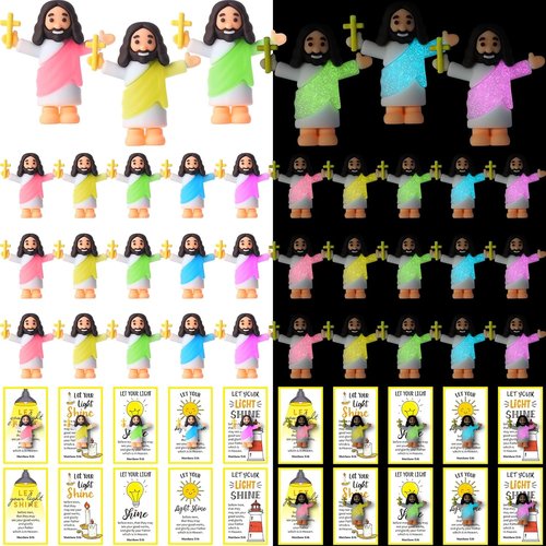 CroBlissful Mini Jesus Figurines - 30 Sets Glow in The Dark with Inspirational Cards for Sunday School