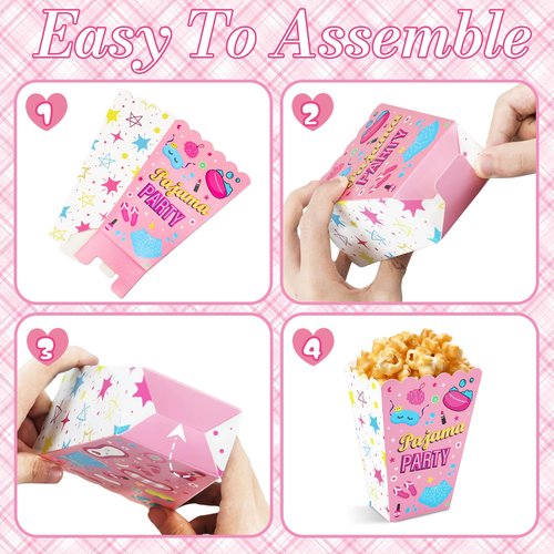 CHENRINDECO 24Pcs Pajama Party Popcorn Boxes Girls Sleepover Party Popcorn Container Slumber Favor Bags Boxes for Girls Pajamas Slumber Night Out Party Decoration