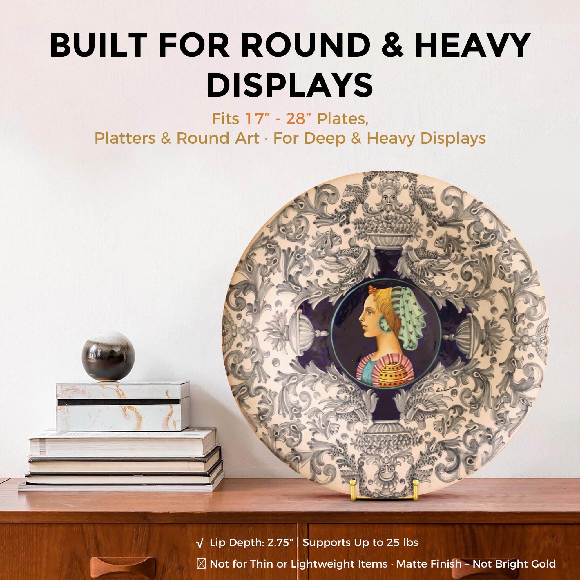 TR-LIFE 16 Inch Gold Metal Plate Stand (2 Pack) - Heavy Duty Display Stand for Extra-Large Plates, Frames, Platters and Art