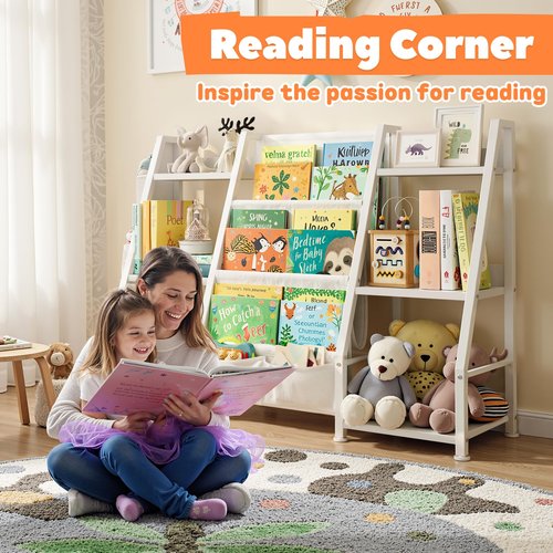 GoTiling Kids Bookshelf and Toy Storage Organizer, Triangle Frame with Extra Wide 3-Tier Sling Pockets, Freestanding Montessori Book Display Rack for Toddler Room, Nursery, and Playroom, White